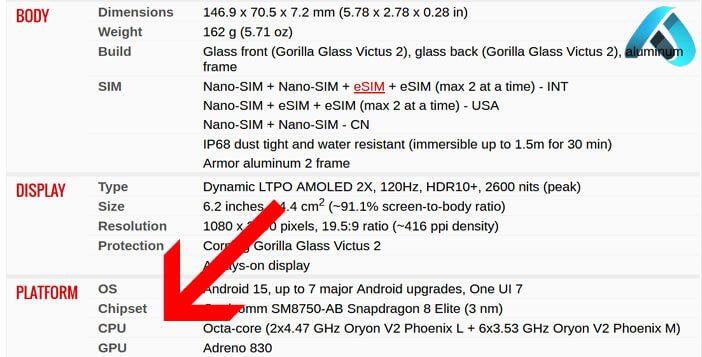 Exemple de recherche sur le site GSMArena pour identifier le processeur d’un Samsung Galaxy