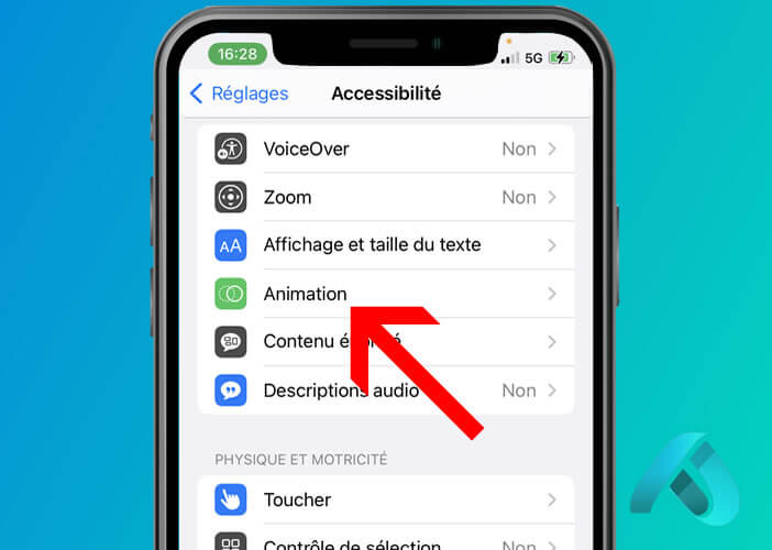 Menu Animation dans les réglages d’accessibilité iOS