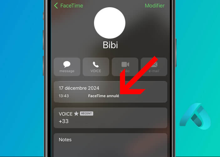 Capture d’écran du journal d’appels d’un iPhone affichant un appel annulé