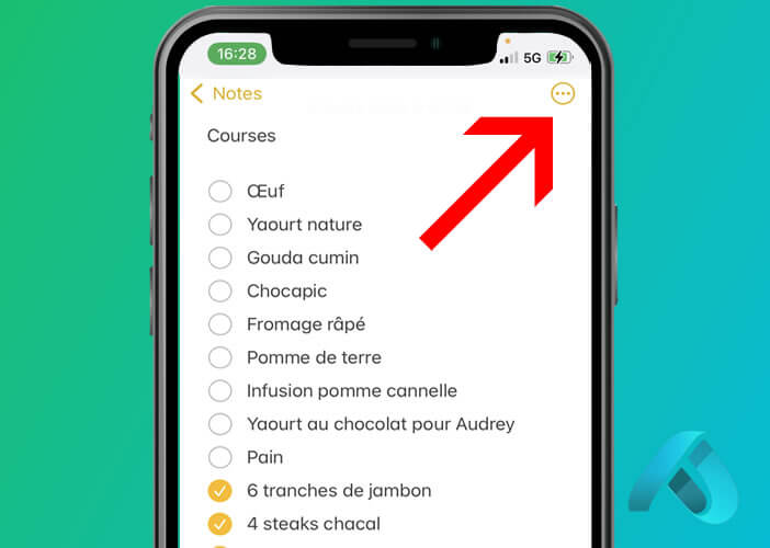 Accès au menu d’options dans l’application Notes