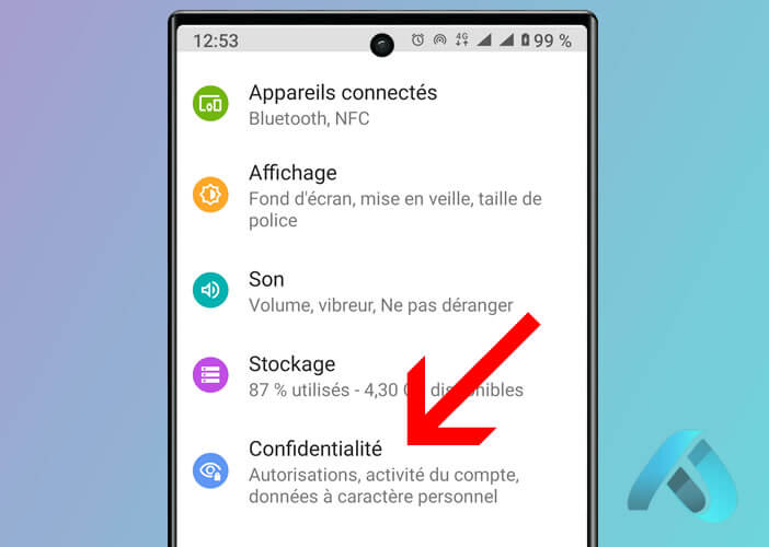 Menu Confidentialité et autorisations d’un smartphone Android
