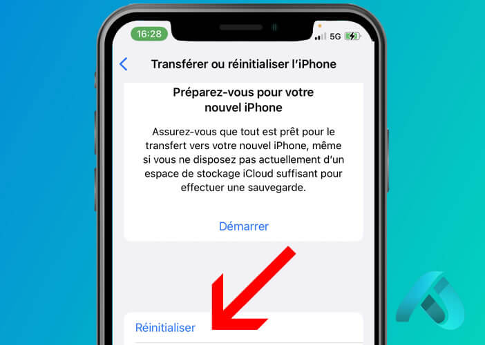 Écran d’un iPhone affichant les options pour réinitialiser les paramètres de l’appareil