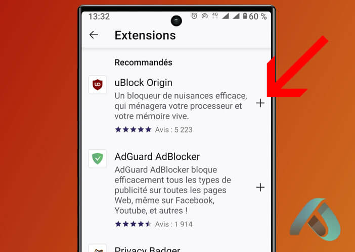 Liste affichant les différentes extensions disponibles sur Firefox