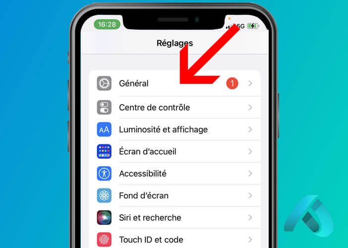 Réglages généraux sur un iPhone affichant les options système