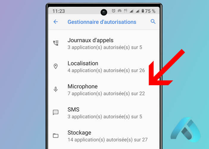 Interface du gestionnaire d’autorisations sur Android