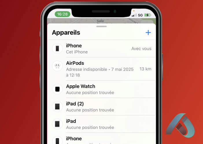 Liste des appareils affichés dans l’application Localiser sur iPhone