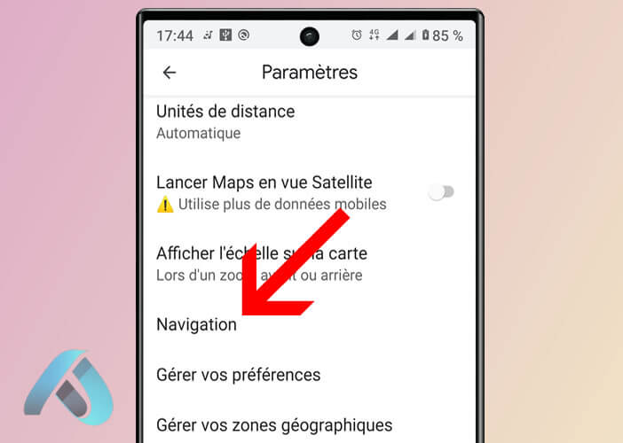 Accès aux options de navigation de l’application de cartographie de Google