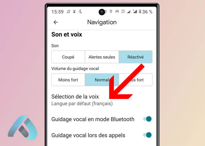 Écran de sélection de la voix de navigation