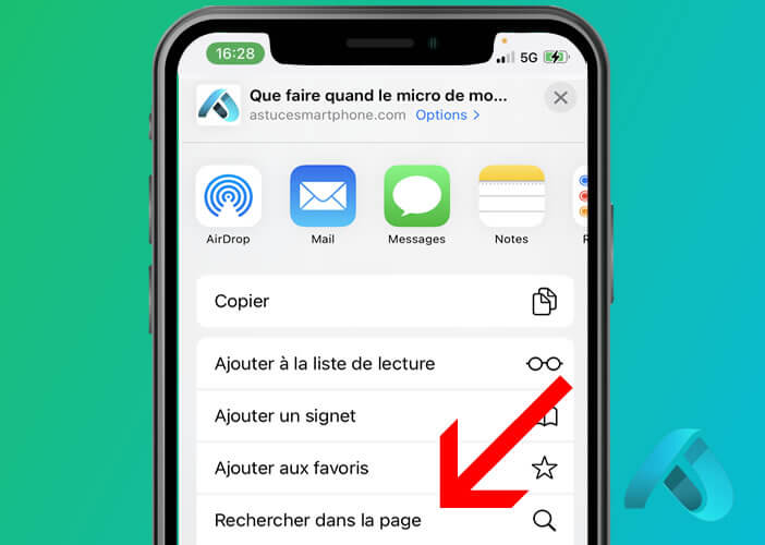 Effectuer une recherche dans la page via le bouton Partager
