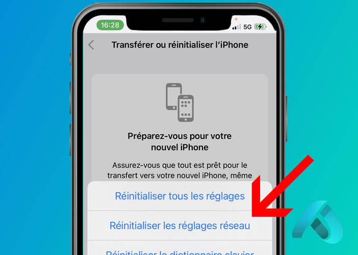 Option « Réinitialiser les réglages réseau » sélectionnée dans les paramètres d’un iPhone.