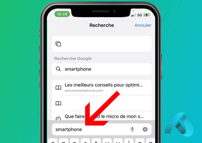 Saisie d’un mot-clé dans la barre d’adresse de Safari sur iPhone